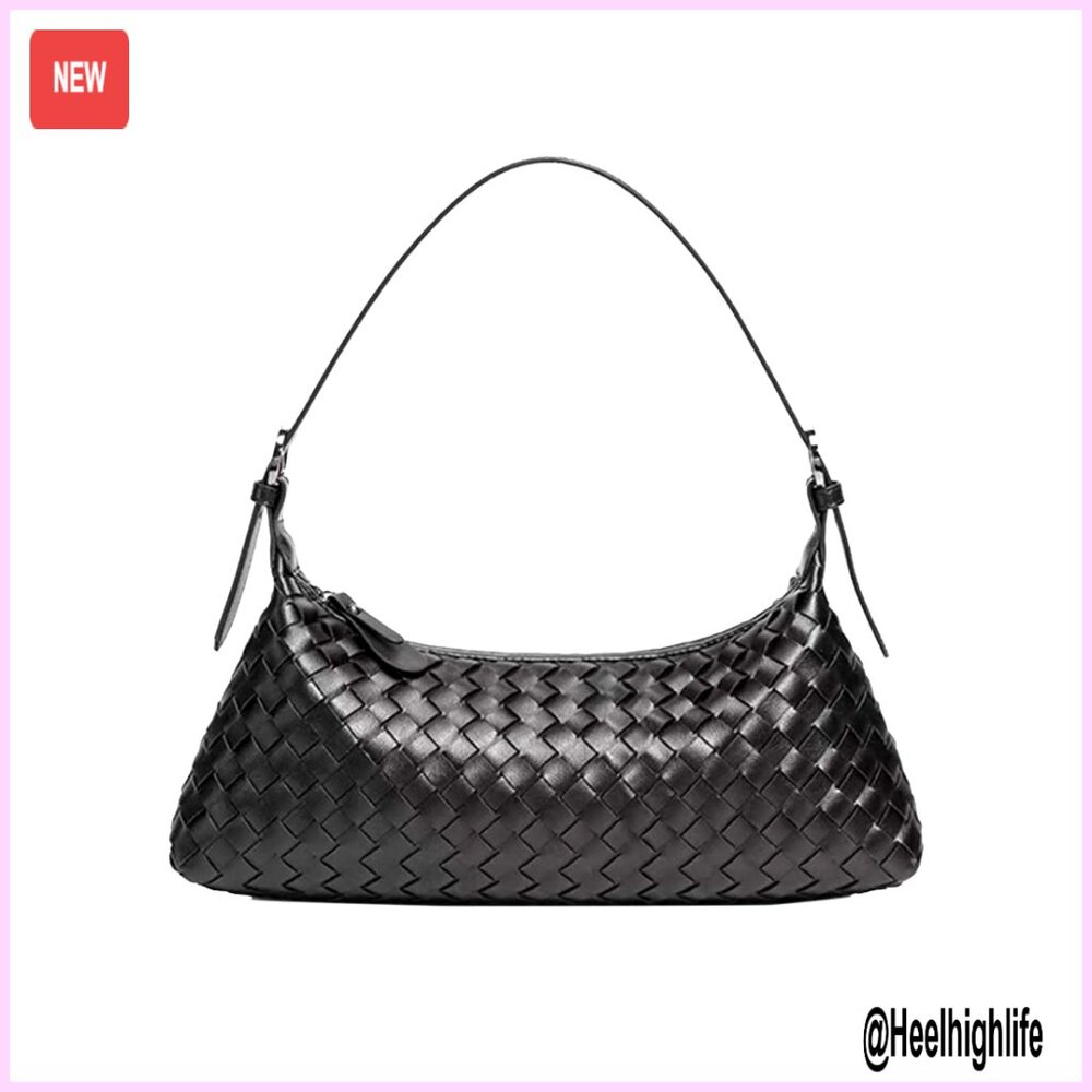 Woven Tote Hobo Crossbody Handbag Vegan Pu Leather Zipper Closure Elegant